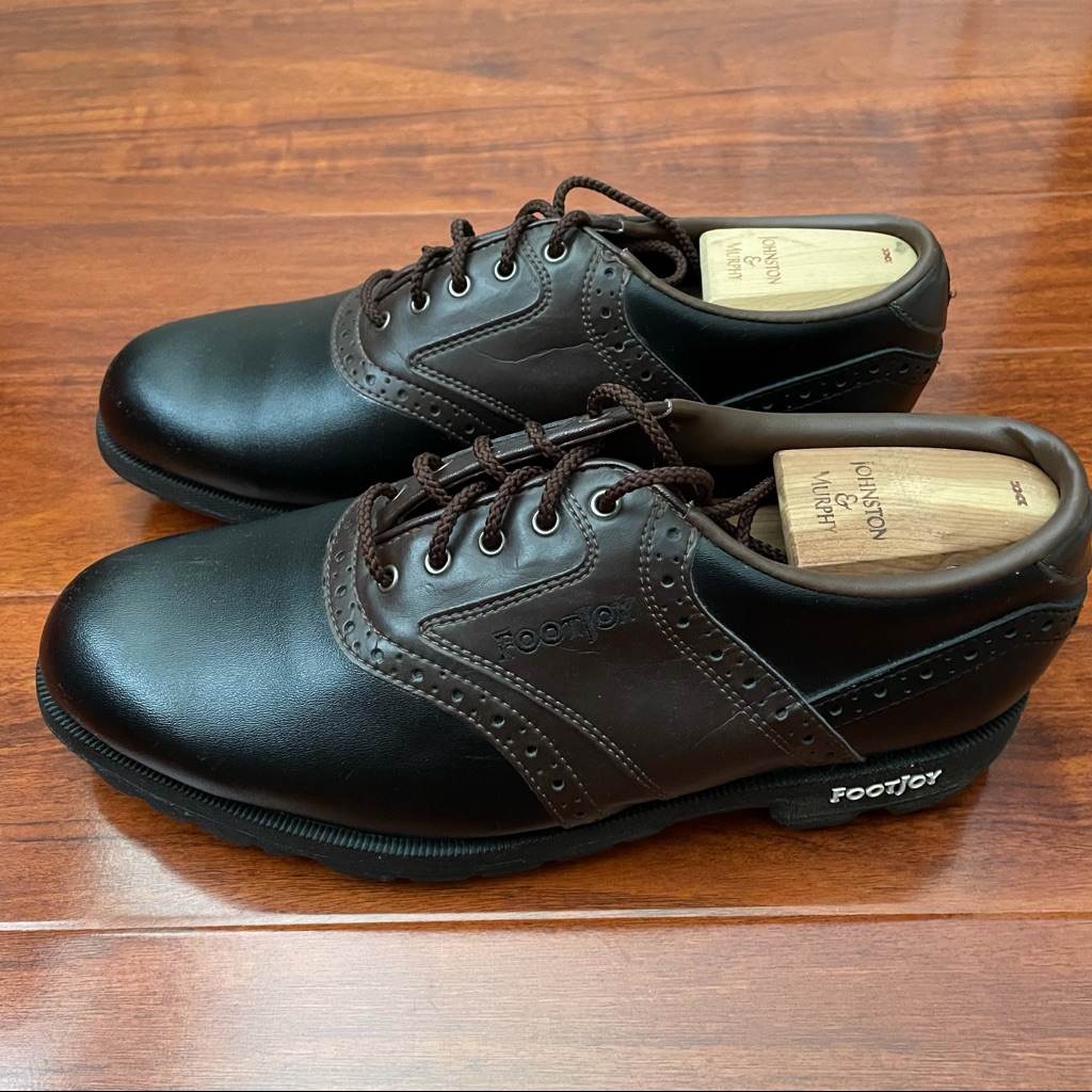 Footjoy Men’s Black & Brown Leather Spiked Golf Shoes With Wood Inserts